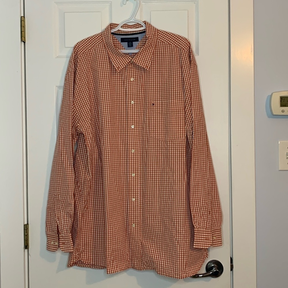 Tommy Hilfiger Embroidered Logo Men’s Dress Shirt Orange White Gingham 2XL NWOT